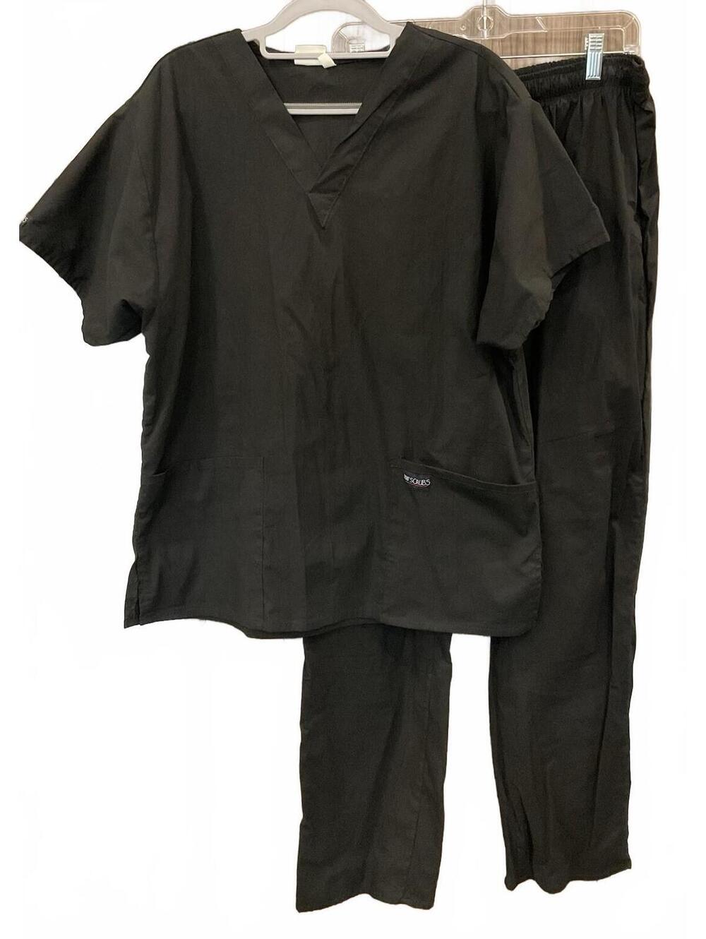 Unisex Black Medical Scrubs Elastic Waist Pants W/pockets & Shirt Set Large